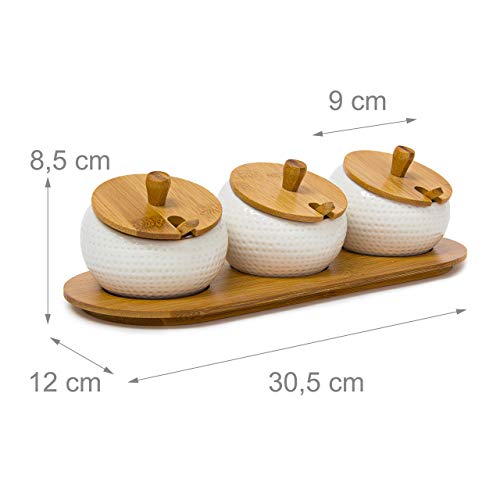 Relaxdays 10019133 Jiao - Recipientes para Especias (con Tapa, cerámica, Soporte de bambú, Cuchara, Estilo Chino), Color Blanco