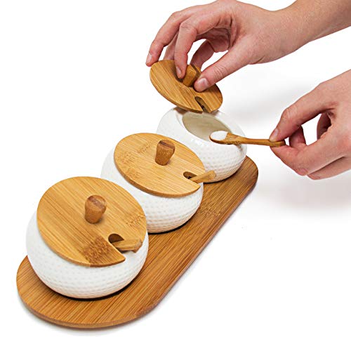 Relaxdays 10019133 Jiao - Recipientes para Especias (con Tapa, cerámica, Soporte de bambú, Cuchara, Estilo Chino), Color Blanco
