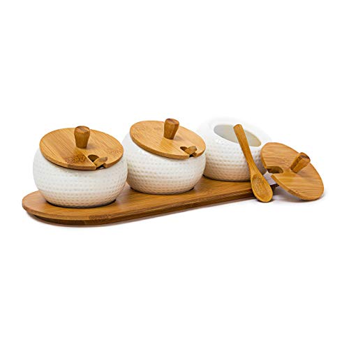 Relaxdays 10019133 Jiao - Recipientes para Especias (con Tapa, cerámica, Soporte de bambú, Cuchara, Estilo Chino), Color Blanco