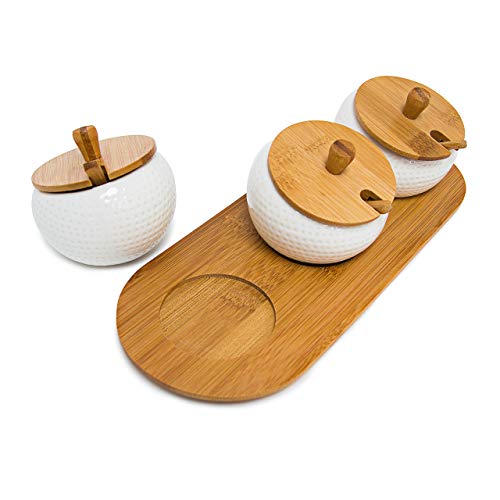 Relaxdays 10019133 Jiao - Recipientes para Especias (con Tapa, cerámica, Soporte de bambú, Cuchara, Estilo Chino), Color Blanco