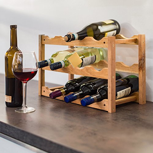 Relaxdays 10019279 – Botellero pequeño 28 x 42,5 x 21 cm Madera Estante con 3 niveles para 12 botellas de botellas de vino pequeño soporte para botellas de vino de nogal barnizada para waagerechten almacenar, natural