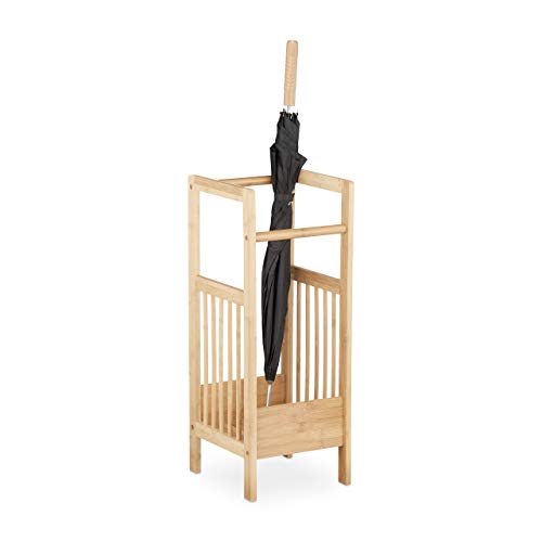 Relaxdays, 64 x 25 x 26,5 cm, Marrón Natural Paragüero Bambú Cuadrado, 2 Asas, Soporte Bastones, Madera