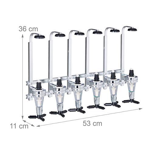 Relaxdays Botellero de Pared, Soporte para Seis Botellas, Dosificador de 3 cl, Coctelería, 53x36x11 cm, Plateado