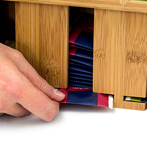 Relaxdays - Caja para bolsitas de té con asa, Bambú, 22 x 33.5 x 10 cm, 4 Compartimentos; con Tapa, para 160 bolsitas de té, Color Natural