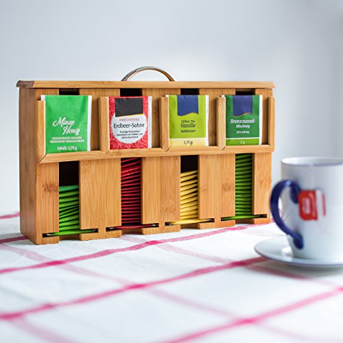 Relaxdays - Caja para bolsitas de té con asa, Bambú, 22 x 33.5 x 10 cm, 4 Compartimentos; con Tapa, para 160 bolsitas de té, Color Natural
