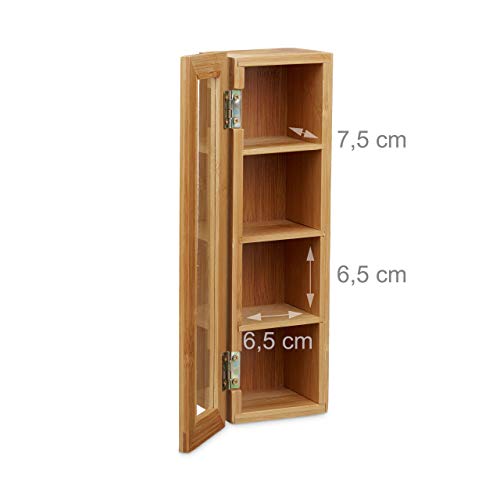 Relaxdays Caja para té e infusiones, Cuatro Compartimentos, Estrecho, Ventana de plástico, Pequeño, Rectangular, Marrón, 9 x 30 x 9 cm, Madera
