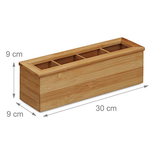 Relaxdays Caja para té e infusiones, Cuatro Compartimentos, Estrecho, Ventana de plástico, Pequeño, Rectangular, Marrón, 9 x 30 x 9 cm, Madera