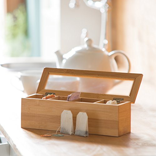 Relaxdays Caja para té e infusiones, Cuatro Compartimentos, Estrecho, Ventana de plástico, Pequeño, Rectangular, Marrón, 9 x 30 x 9 cm, Madera
