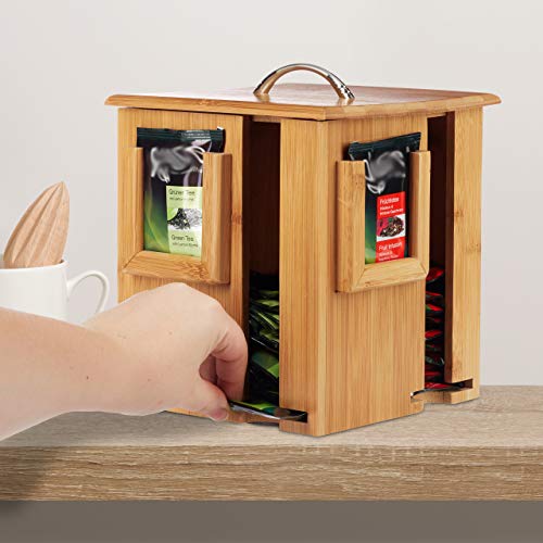 Relaxdays Caja para té e infusiones, Tapa extraíble, Cuatro Compartimentos, 160 Sobres, Marrón, 20,5 x 18 x 18 cm, Bambú, naturaleza