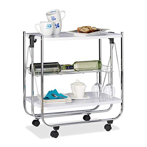 Relaxdays Camarera Plegable para Cocina con 4 Ruedas, Cesto de Rejilla y 2 Baldas, Acero, Blanco, 68,5 x 68 x 40,5 cm