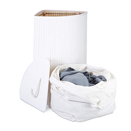 Relaxdays Cesto Ropa Sucia Esquinero, Cubo Colada Plegable con Tapa, Canasta, Bambú, Blanco, 65 x 49.5 x 37 cm