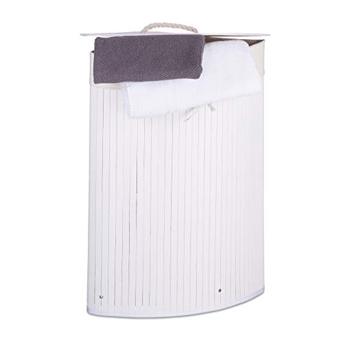 Relaxdays Cesto Ropa Sucia Esquinero, Cubo Colada Plegable con Tapa, Canasta, Bambú, Blanco, 65 x 49.5 x 37 cm