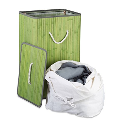 Relaxdays Cesto Ropa Sucia Plegable, Cubo Colada Rectangular con Tapa, Bambú, 83 L, 65,5 x 43,5 x 33,5 cm, Verde