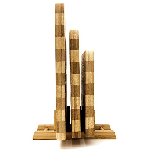 Relaxdays Conjunto de 3 Tablas de Cortar y un Soporte, bambú, Diferentes tamaños, diseño Moderno, fácil de Limpiar, Color Natural, marrón Claro, 1,5 x 25,5 x 39 cm