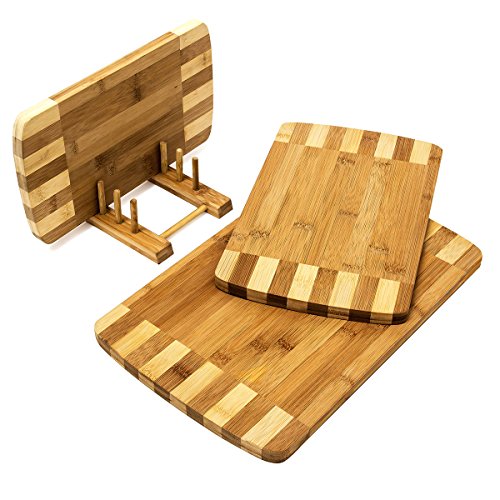 Relaxdays Conjunto de 3 Tablas de Cortar y un Soporte, bambú, Diferentes tamaños, diseño Moderno, fácil de Limpiar, Color Natural, marrón Claro, 1,5 x 25,5 x 39 cm