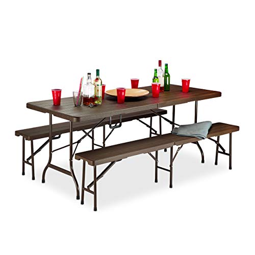 Relaxdays Conjunto Mesa y Bancos Jardín Plegables XXL, Plástico, Marrón, 73 x 179.5 x 74.5 cm