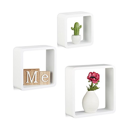 Relaxdays Estantes de Pared en Forma de Cubo, Madera MDF, Blanco, 10x30x30 cm, 3 Unidades