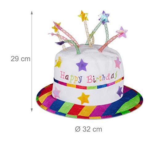 Relaxdays Gorro Cumpleaños, Sombrero Tarta de Peluche con Velas, para Fiestas, Poliéster, 1 Ud, Blanco y Multicolor