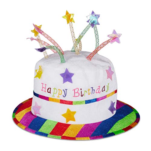 Relaxdays Gorro Cumpleaños, Sombrero Tarta de Peluche con Velas, para Fiestas, Poliéster, 1 Ud, Blanco y Multicolor