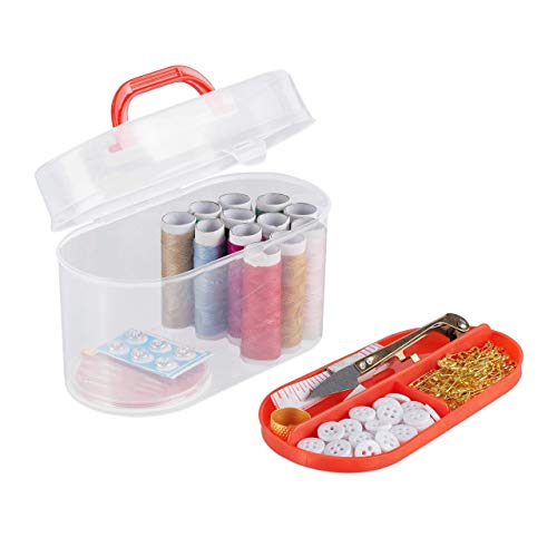 Relaxdays Kit de Costura, 300 Accesorios, Estuche, Agujas, Hilo, Botones, Cinta métrica, 9,5x15x8,5 cm, Transparente, PP