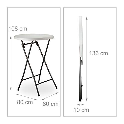Relaxdays Mesa Alta Bar, Plegable, Redonda, Auxiliar, Jardín, Terraza, 1 Ud, Plástico-Metal, 110 x 80 x 80 cm, Blanco
