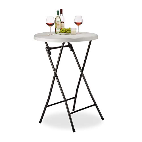 Relaxdays Mesa Alta Bar, Plegable, Redonda, Auxiliar, Jardín, Terraza, 1 Ud, Plástico-Metal, 110 x 80 x 80 cm, Blanco