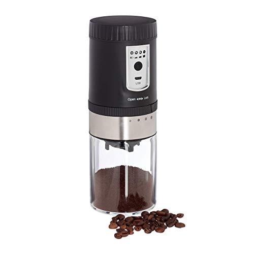 Relaxdays Molinillo Café Eléctrico, Muelas Ajustables, Recargable con USB, Acero Inoxidable, 21x7,5 cm, Plateado y Negro
