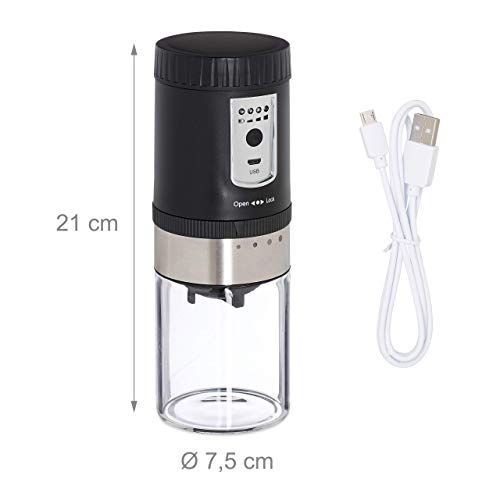 Relaxdays Molinillo Café Eléctrico, Muelas Ajustables, Recargable con USB, Acero Inoxidable, 21x7,5 cm, Plateado y Negro