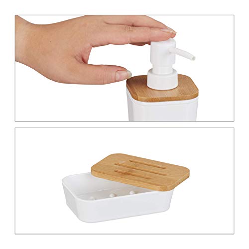 Relaxdays Set de 4 Accesorios de baño, Portacepillos, Jabonera, Vaso, Dispensador de jabón, Plástico & Bambú, Blanco, plástico, bambú, 17,5 x 7 x 7 cm