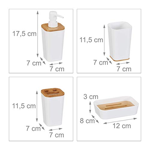 Relaxdays Set de 4 Accesorios de baño, Portacepillos, Jabonera, Vaso, Dispensador de jabón, Plástico & Bambú, Blanco, plástico, bambú, 17,5 x 7 x 7 cm