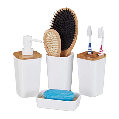 Relaxdays Set de 4 Accesorios de baño, Portacepillos, Jabonera, Vaso, Dispensador de jabón, Plástico & Bambú, Blanco, plástico, bambú, 17,5 x 7 x 7 cm