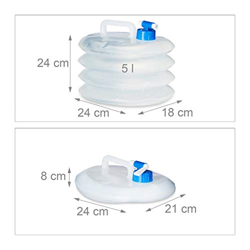 Relaxdays Set de 4, Oval, agarradero, con Grifo, 5L, 10L, 15L, Camping, bidón Plegable de Agua, Alimentos Seguros, Transparente, 5 l