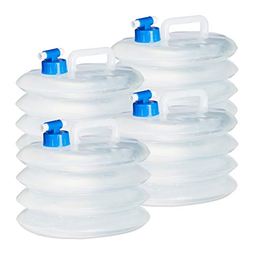 Relaxdays Set de 4, Oval, agarradero, con Grifo, 5L, 10L, 15L, Camping, bidón Plegable de Agua, Alimentos Seguros, Transparente, 5 l