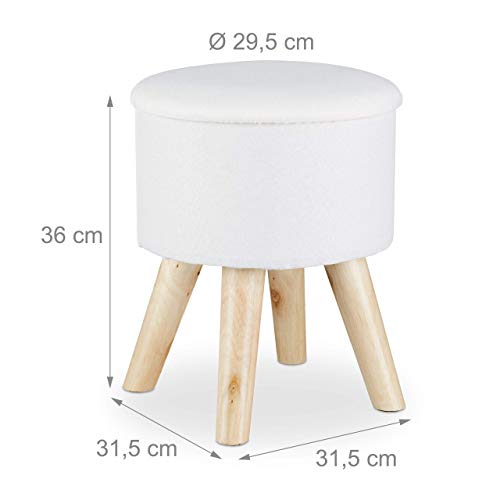 Relaxdays Taburete Bajo Redondo de Almacenaje con Tapa, Madera, DM y Poliéster, Blanco, 36 x 31,5 x 31,5 cm