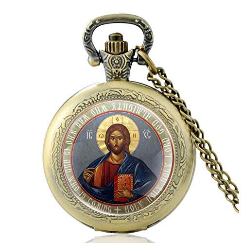 Reloj de bolsillo clásico de cuarzo con colgante de bronce ortodoxo para hombres y mujeres