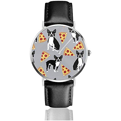 Reloj de Cuarzo de Gran tamaño Gris Boston Terrier Pizza de Cuero Correa de Reloj de Pulsera de Acero Inoxidable