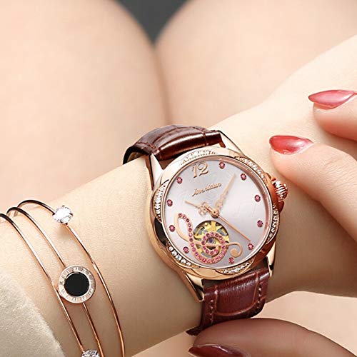 Reloj De Las Mujeres Hueco De La Manera De Cuero con Personalidad Diamante Rojo Impermeable Mecánica del Reloj De Señoras, Red Rose Shell Polvo Fideos (Color : D)