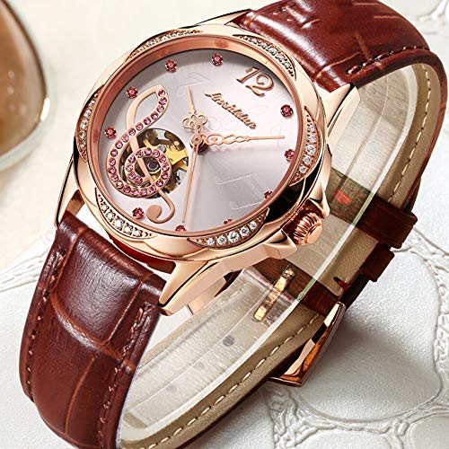 Reloj De Las Mujeres Hueco De La Manera De Cuero con Personalidad Diamante Rojo Impermeable Mecánica del Reloj De Señoras, Red Rose Shell Polvo Fideos (Color : D)