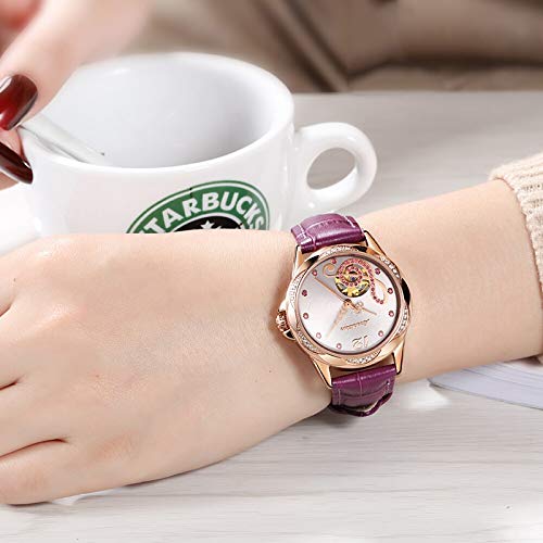 Reloj De Las Mujeres Hueco De La Manera De Cuero con Personalidad Diamante Rojo Impermeable Mecánica del Reloj De Señoras, Red Rose Shell Polvo Fideos (Color : D)