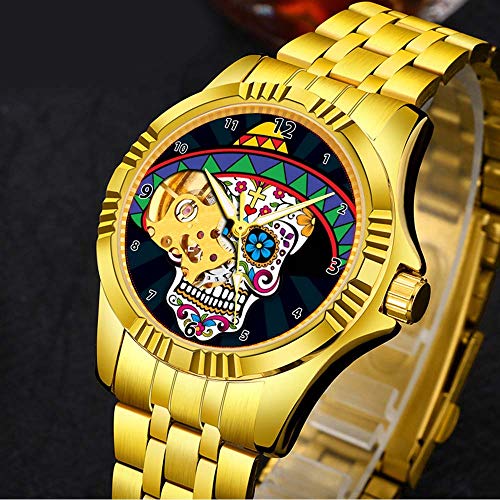 Reloj mecánico automático Hombre, Resistente al Agua, Reloj de Pulsera de Cuerda automática, 260. Esfera de Calavera de azúcar, Estilo de Negocios, Regalos (Oro)
