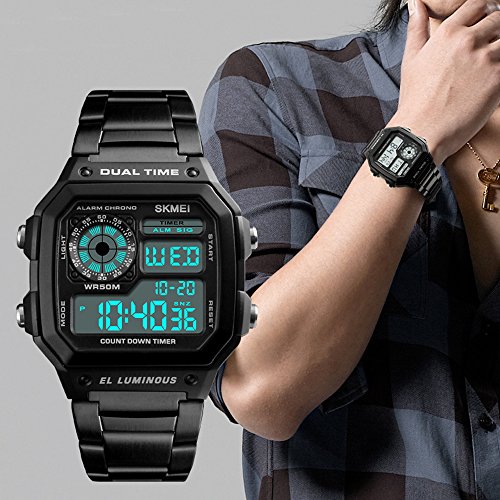 Relojes Digital Cuadrado Multifuncional Relojes Hombre Cronómetro Alarma Relojes Acero Inoxidable Negro Casual