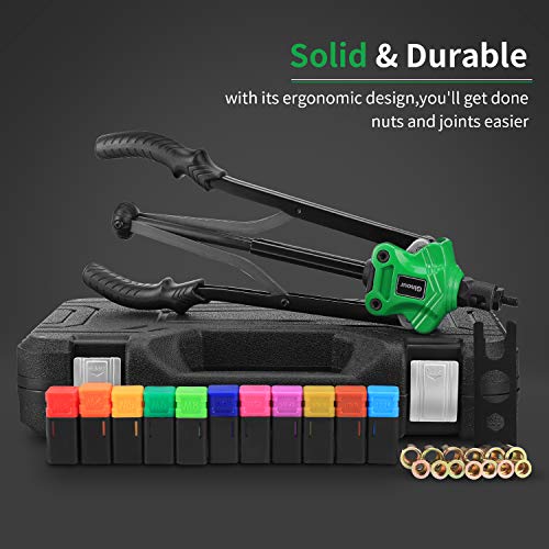 Remachadora de tuercas, Ginour Pistola Remachadora profesional, 110pcs tuercas, 11 Mandriles M3, M4, M5, M6, M8, M10, M12, 10-24, 1/4-20, 5/16-18, 3/8-16, para placa de acero 2-3mm, Llave Incorporada