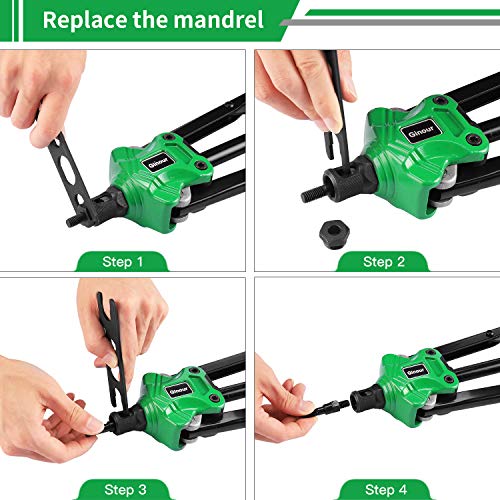 Remachadora de tuercas, Ginour Pistola Remachadora profesional, 110pcs tuercas, 11 Mandriles M3, M4, M5, M6, M8, M10, M12, 10-24, 1/4-20, 5/16-18, 3/8-16, para placa de acero 2-3mm, Llave Incorporada