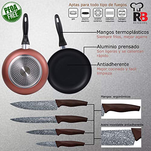 Renberg PK1927 3 sartenes 16/20/24 cms, más Juego de 4 Cuchillos de Cocina, Aluminio prensado/Acero Inoxidable