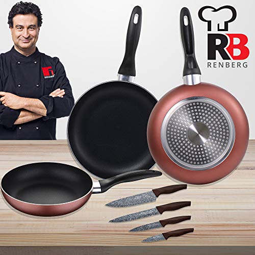 Renberg PK1927 3 sartenes 16/20/24 cms, más Juego de 4 Cuchillos de Cocina, Aluminio prensado/Acero Inoxidable