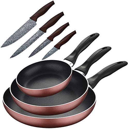 Renberg PK1927 3 sartenes 16/20/24 cms, más Juego de 4 Cuchillos de Cocina, Aluminio prensado/Acero Inoxidable