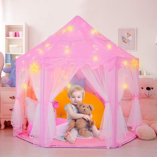 RenFox Tienda de Princesa, Princesa Interior Tiendas, Castillo Princesas, Juego de Castillo Princesa para Niñas con Support de PVC con pequeñas Luces de Estrellas Interior Juguetes(Rosa)