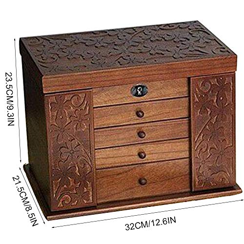 RENJIANFENG Joyero De Madera con Patrones De Trébol Cuatro Hojas, con Cajones, Organizador De Joyería Grande, Caja De Organizador Almacenamiento De Regalo con Pendiente De Collar, Marrón Nogal