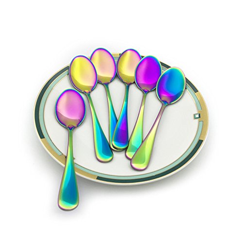 Renohef Cucharas de café Rainbow,Cuchara plateada colorida del titanio del acero inoxidable, conjunto de la cuchara del té, cuchara del helado, la cucharilla del postre,conjunto de 6 (Apuntado)