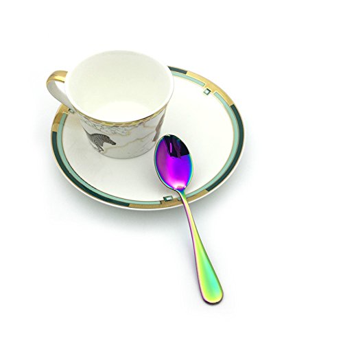 Renohef Cucharas de café Rainbow,Cuchara plateada colorida del titanio del acero inoxidable, conjunto de la cuchara del té, cuchara del helado, la cucharilla del postre,conjunto de 6 (Apuntado)